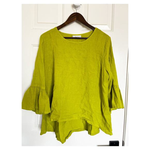 Bryn Walker Fran Light Linen Round Neck Bell Sleeve Ruffle Top Green Medium - Picture 2 of 7